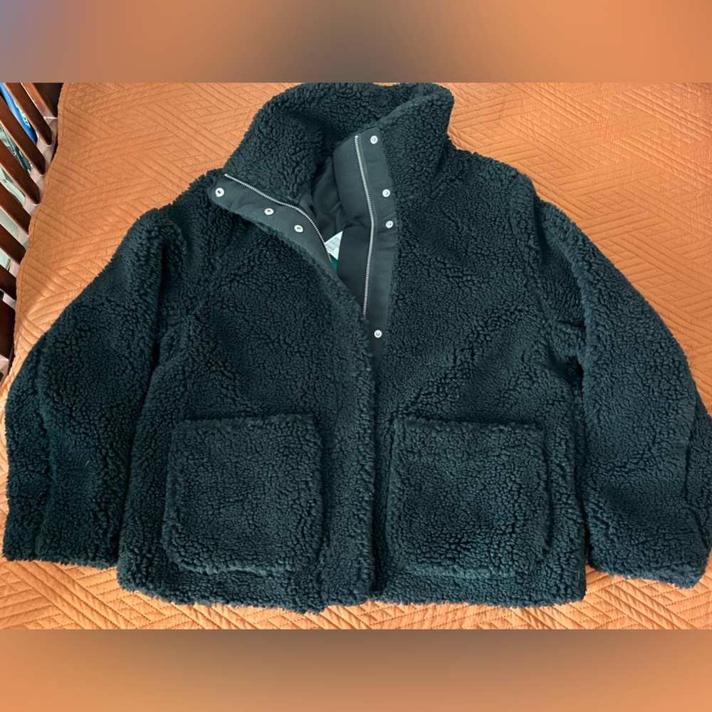 H&M Black Sherpa Teddy Shearling Zip-Up/Button-Up Jacket